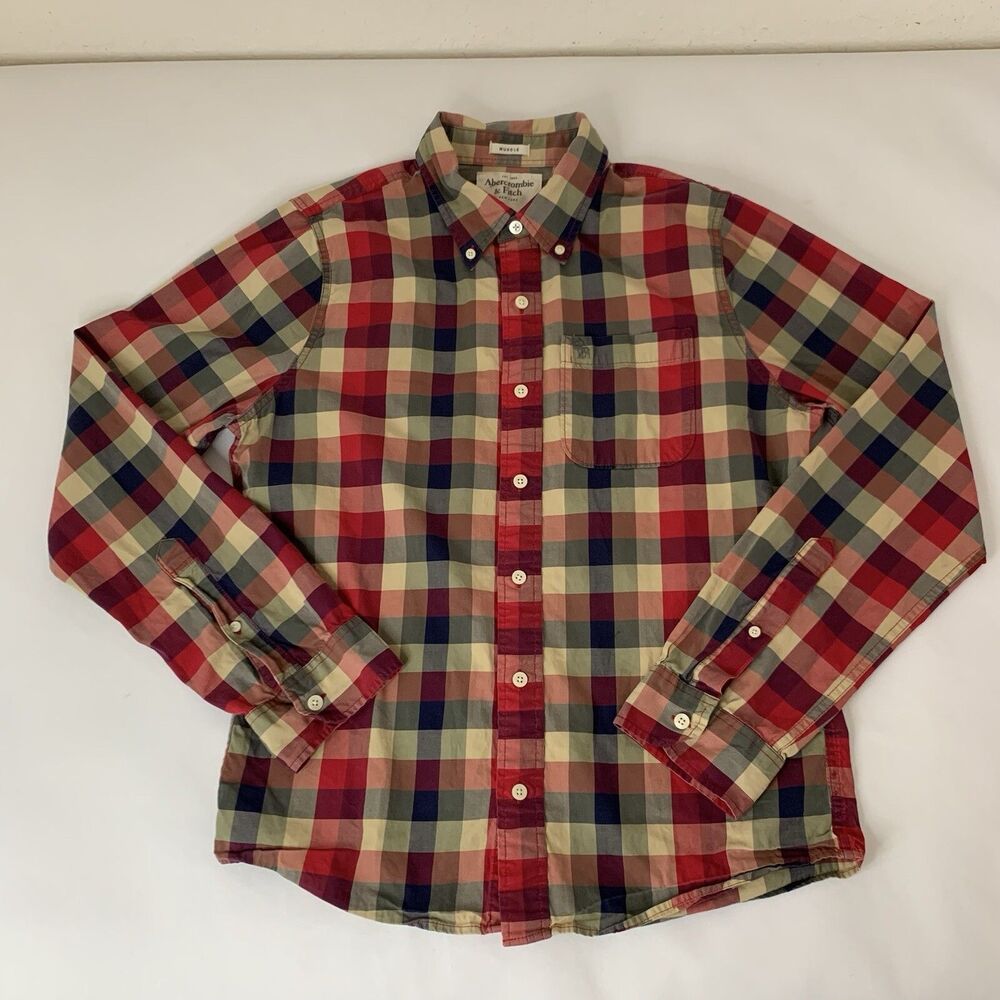 Abercrombie Fitch Men L Muscle Fit Red Green Check Plaid Preppy Holiday Dad Norm
